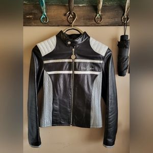 Baby Phat kids black, white & silver leather jacket with embossed insignia liner